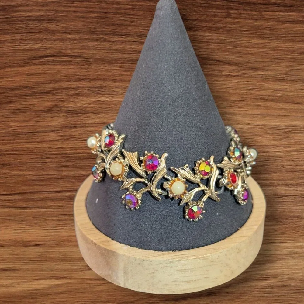 Vintage‎ Aurora Borealis Rhinestone Bracelet Gold-Tone Floral 7